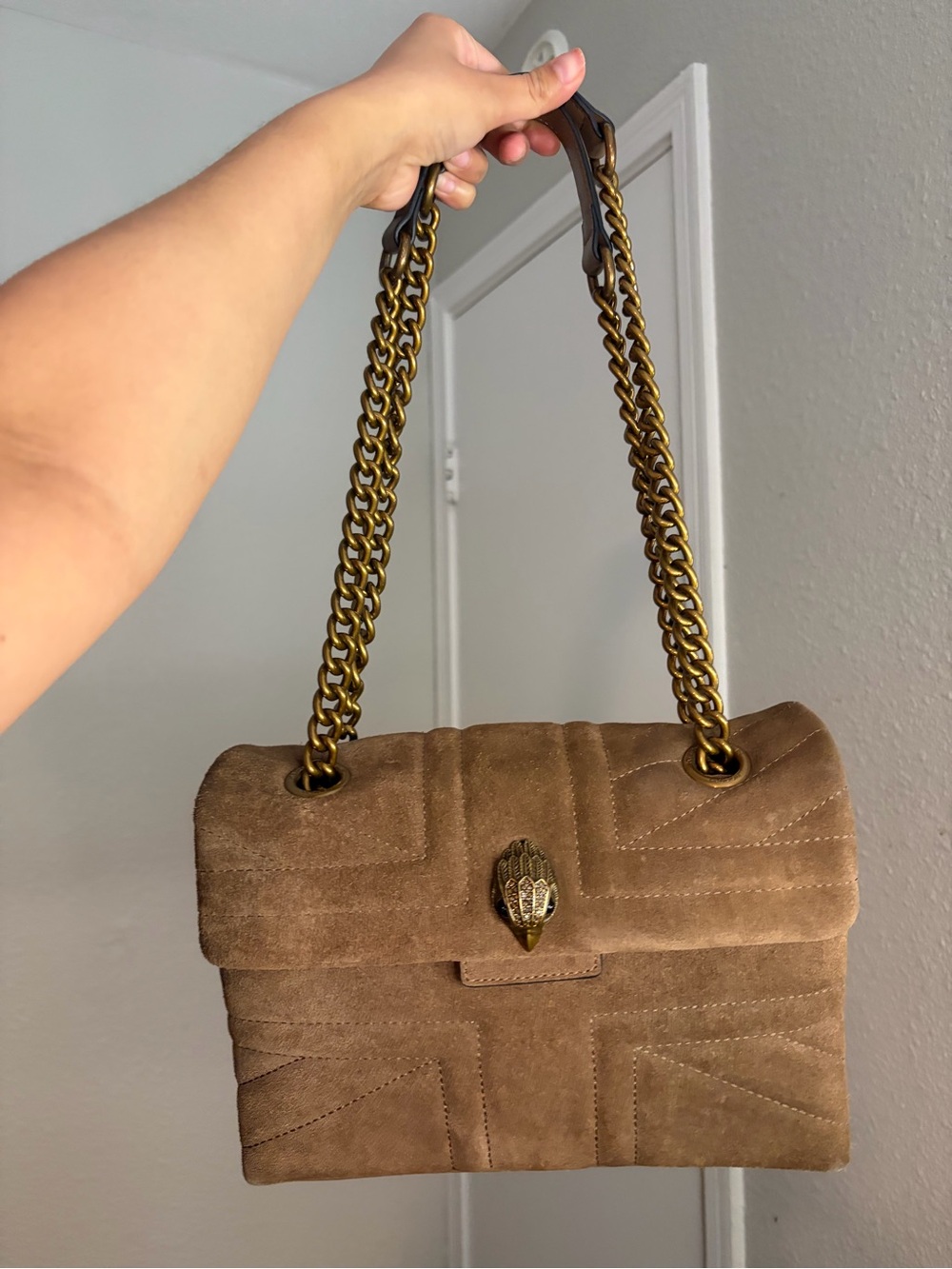 Kurt Geiger Suede Quilted Shoulder Suede  Bag with Gold Chain - Brown